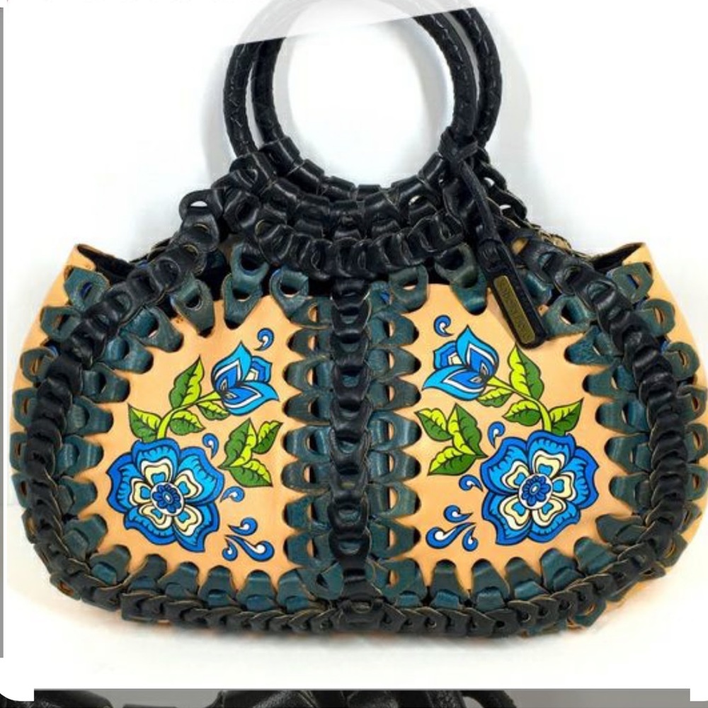 Isabella Fiore Boho April Floral Art Bag Cutout Woven Leather Black Tan